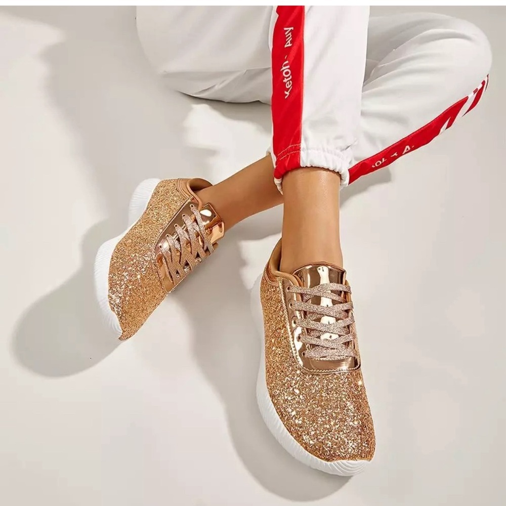 BELOS Women's Glitter Shoes Sparkly Lightweight Metallic Sequins Tennis Size 7